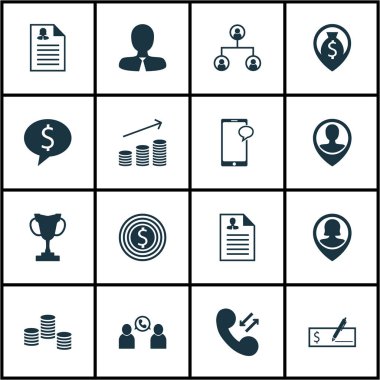 16 yönetimi simgeler kümesi. Web, mobil, UI ve Infographic tasarımı için kullanılabilir. Cep, kupa, ağaç ve daha fazlası gibi unsurları içerir.