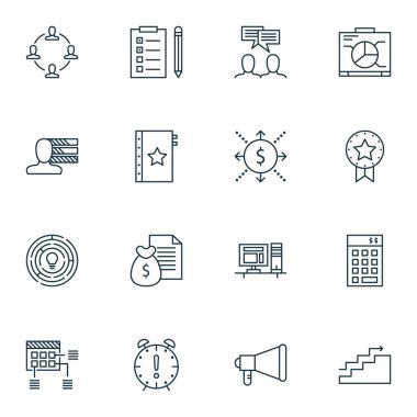 16 proje yönetimi simgeler kümesi. Web, mobil, UI ve Infographic tasarımı için kullanılabilir. Bütçe, zaman, Kişilik ve daha fazlası gibi unsurları içerir.