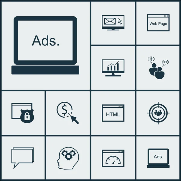 12 마케팅 아이콘의 집합입니다. 웹, 모바일, Ui와 Infographic 디자인에 사용할 수 있습니다. 웹사이트, 보호 등 지불, 등의 요소를 포함. — 스톡 벡터