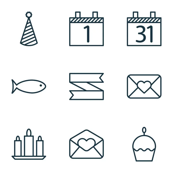 Zestaw 9 ikon nowy rok. Może służyć do sieci Web, mobilnych, interfejsu użytkownika i Infographic Design. Zawiera elementy, takie jak święto, Świeca, miesiąca i więcej. — Wektor stockowy