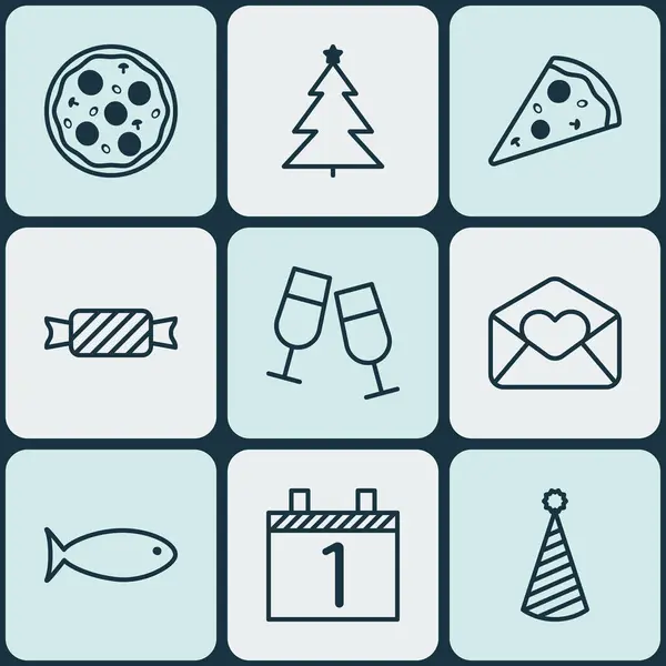 Set de 9 iconos de Feliz Año Nuevo. Puede ser utilizado para el Web, móvil, interfaz de usuario y diseño infográfico. Incluye elementos como rebanada, pescado, agenda y más . — Archivo Imágenes Vectoriales