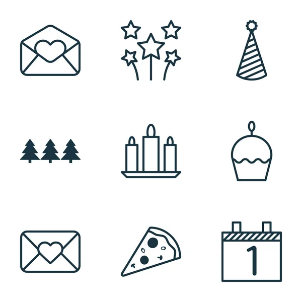Készlet 9 ünnepe ikonok. Lehet használni a Web, mobil, Ui és Infographic Design. Magában foglalja a elemeket, mint a köszönés, kalap, Love, és több. — Stock Vector