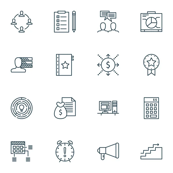 Conjunto de 16 iconos de gestión de proyectos. Puede ser utilizado para el Web, móvil, interfaz de usuario y diseño infográfico. Incluye elementos tales como presupuesto, tiempo, personalidad y más . — Vector de stock