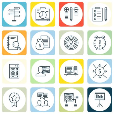 16 proje yönetimi simgeler kümesi. Web, mobil, UI ve Infographic tasarımı için kullanılabilir. Finans, karar, gelir ve daha fazla gibi unsurları içerir.