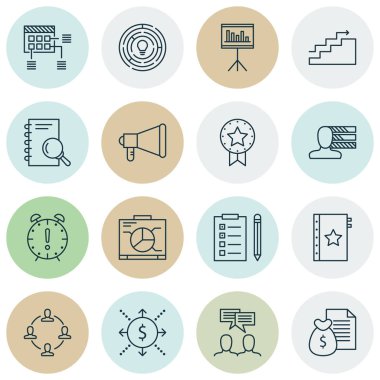 16 proje yönetimi simgeler kümesi. Web, mobil, UI ve Infographic tasarımı için kullanılabilir. Görev, araştırma, zamanlama ve daha fazlası gibi unsurları içerir.