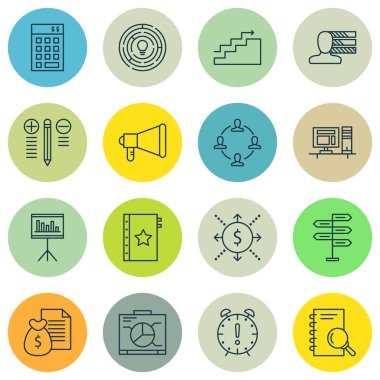 16 proje yönetimi simgeler kümesi. Web, mobil, UI ve Infographic tasarımı için kullanılabilir. Bütçe, araştırma, sağ ve daha fazlası gibi unsurları içerir.