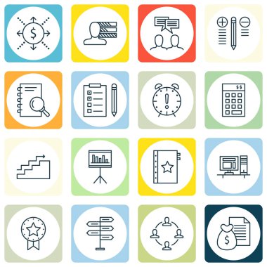 16 proje yönetimi simgeler kümesi. Web, mobil, UI ve Infographic tasarımı için kullanılabilir. Bütçe, istatistik ve yatırım gibi unsurları içerir.