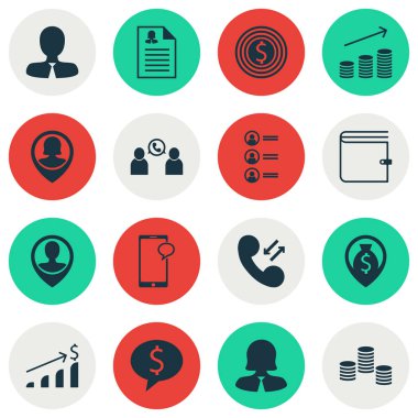 16 saat simgeler kümesi. Web, mobil, UI ve Infographic tasarımı için kullanılabilir. Büyüme, sikke ve harita gibi unsurları içerir.