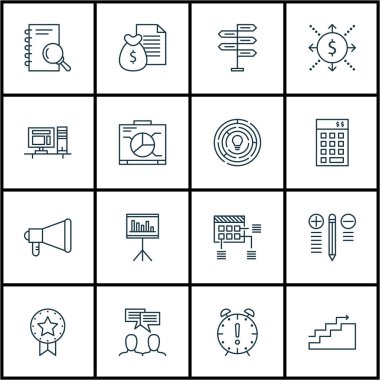 16 proje yönetimi simgeler kümesi. Web, mobil, UI ve Infographic tasarımı için kullanılabilir. Proje, beyin fırtınası, promosyon ve daha fazlası gibi unsurları içerir.