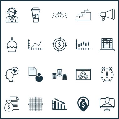 20 evrensel düzenlenebilir simgeler kümesi. Web, mobil ve App tasarım için kullanılabilir. Paket servisi olan restoran kahve, doğum günü pastası, para geri dönüşüm ve daha fazlası gibi unsurları içerir.