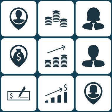 9 insan kaynakları simgeler kümesi. Web, mobil, UI ve Infographic tasarımı için kullanılabilir. Para, Doları, banka ve daha fazlası gibi unsurları içerir.