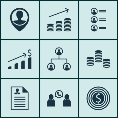 9 yönetim simgeler kümesi. Web, mobil, UI ve Infographic tasarımı için kullanılabilir. Ağaç, yapısı, kariyer ve daha fazlası gibi unsurları içerir.