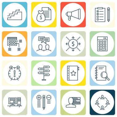 16 proje yönetimi simgeler kümesi. Web, mobil, UI ve Infographic tasarımı için kullanılabilir. Araştırma, grafik, duyuru ve daha fazlası gibi unsurları içerir.