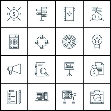 16 proje yönetimi simgeler kümesi. Web, mobil, UI ve Infographic tasarımı için kullanılabilir. Office, akış, fikir ve daha fazlası gibi unsurları içerir.