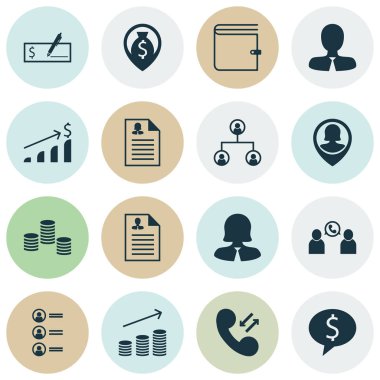 16 yönetimi simgeler kümesi. Web, mobil, UI ve Infographic tasarımı için kullanılabilir. Kariyer, erkek, para ve daha fazlası gibi unsurları içerir.