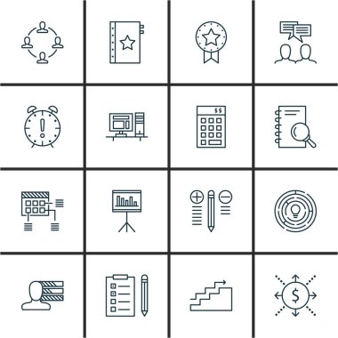 16 proje yönetimi simgeler kümesi. Web, mobil, UI ve Infographic tasarımı için kullanılabilir. Fikir, araştırma, tartışma ve daha fazlası gibi unsurları içerir.