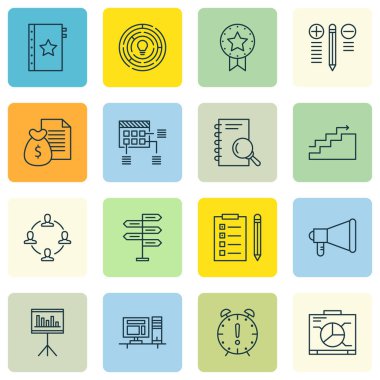 16 proje yönetimi simgeler kümesi. Web, mobil, UI ve Infographic tasarımı için kullanılabilir. Ödülü, uyarı mektubu, proje ve daha fazlası gibi unsurları içerir.