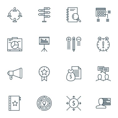 16 proje yönetimi simgeler kümesi. Web, mobil, UI ve Infographic tasarımı için kullanılabilir. İşbirliği, garanti, ekip çalışması ve daha fazlası gibi unsurları içerir.