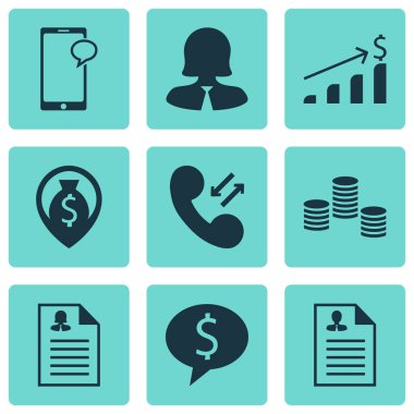 9 insan kaynakları simgeler kümesi. Web, mobil, UI ve Infographic tasarımı için kullanılabilir. Profil, paralar, özgeçmiş ve daha fazlası gibi unsurları içerir.