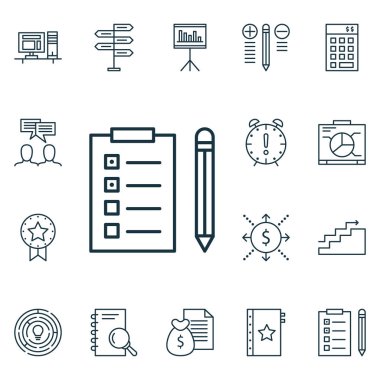 16 proje yönetimi simgeler kümesi. Web, mobil, UI ve Infographic tasarımı için kullanılabilir. Liste, ödül, araştırma ve daha fazlası gibi unsurları içerir.