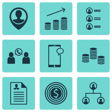 9 insan kaynakları simgeler kümesi. Web, mobil, UI ve Infographic tasarımı için kullanılabilir. Kullanıcı, mobil, erkek ve daha fazlası gibi unsurları içerir.