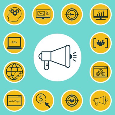 12 pazarlama simgeler kümesi. Web, mobil, UI ve Infographic tasarımı için kullanılabilir. PR, reklam, odak ve daha fazlası gibi öğeleri içerir.