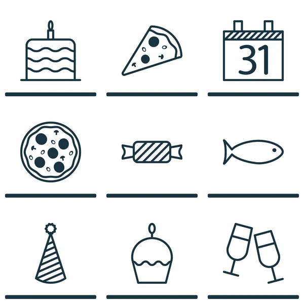 Set de 9 iconos navideños. Puede ser utilizado para el Web, móvil, interfaz de usuario y diseño infográfico. Incluye elementos como pizza, caramelo, calendario y más . — Archivo Imágenes Vectoriales