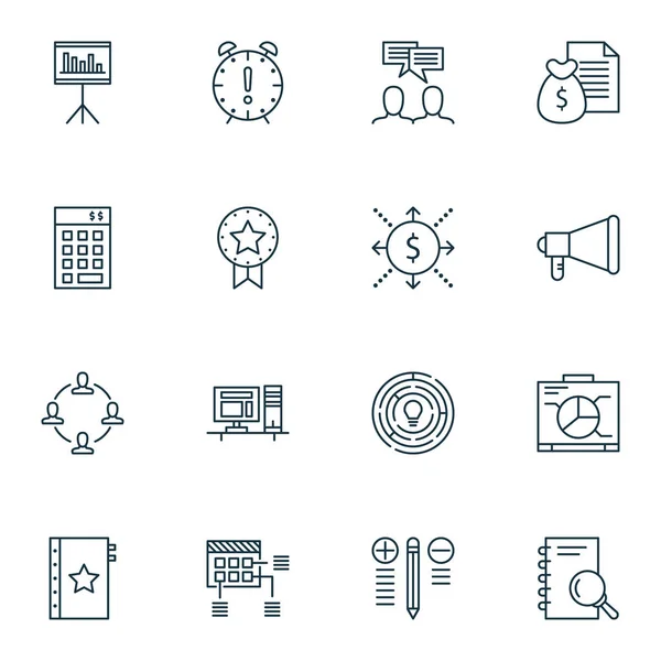 Conjunto de 16 iconos de gestión de proyectos. Puede ser utilizado para el Web, móvil, interfaz de usuario y diseño infográfico. Incluye elementos como promoción, gestión, inversión y más . — Vector de stock