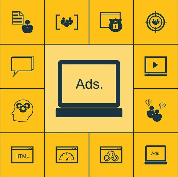12 広告アイコンのセットです。Web、モバイル、Ui、インフォ グラフィック デザインに使用できます。ページ、ビジネスマン、研究などの要素が含まれています. — ストックベクタ