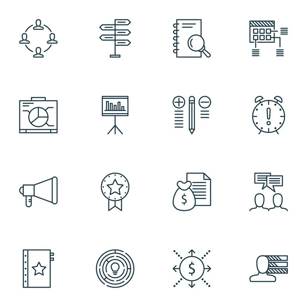 Conjunto de 16 iconos de gestión de proyectos. Puede ser utilizado para el Web, móvil, interfaz de usuario y diseño infográfico. Incluye elementos tales como colaboración, garantía, trabajo en equipo y más . — Vector de stock