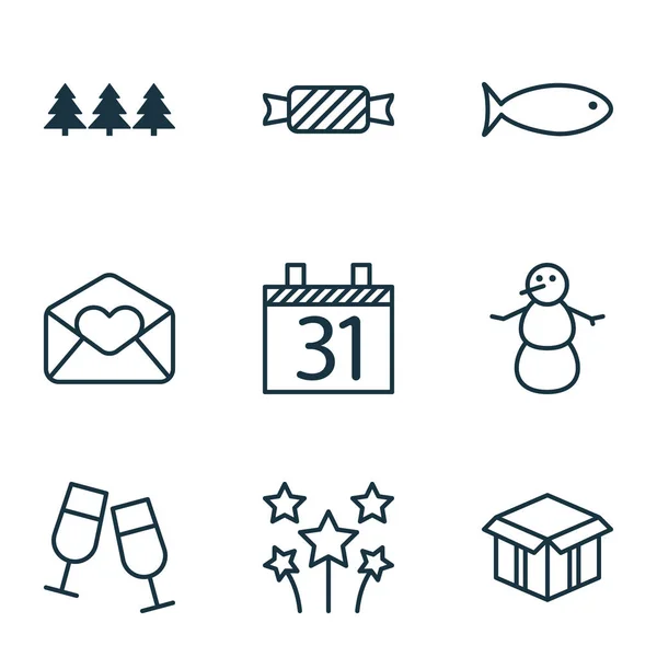 9 Noel simgeler kümesi. Web, mobil, UI ve Infographic tasarımı için kullanılabilir. Kutu, karton, havai fişek ve daha fazlası gibi unsurları içerir. — Stok Vektör
