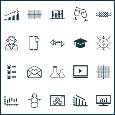 20 evrensel düzenlenebilir simgeler kümesi. Web, mobil ve App tasarım için kullanılabilir. Fail grafik, Video oynatıcı, mezuniyet ve daha fazlası gibi unsurları içerir.
