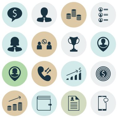 16 yönetimi simgeler kümesi. Web, mobil, UI ve Infographic tasarımı için kullanılabilir. Cep, PIN, liste ve daha fazla gibi unsurları içerir.