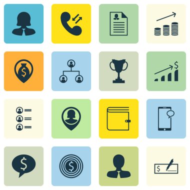 16 insan kaynakları simgeler kümesi. Web, mobil, UI ve Infographic tasarımı için kullanılabilir. Telefon, Pin, büyüme ve daha fazlası gibi unsurları içerir.