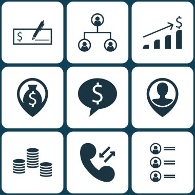 9 yönetim simgeler kümesi. Web, mobil, UI ve Infographic tasarımı için kullanılabilir. Telefon, çağrı, dolar ve daha fazlası gibi unsurları içerir.