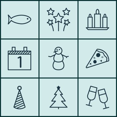 9 yeni yıl simgeler kümesi. Web, mobil, UI ve Infographic tasarımı için kullanılabilir. Gıda, alev, havai fişek ve daha fazlası gibi unsurları içerir.
