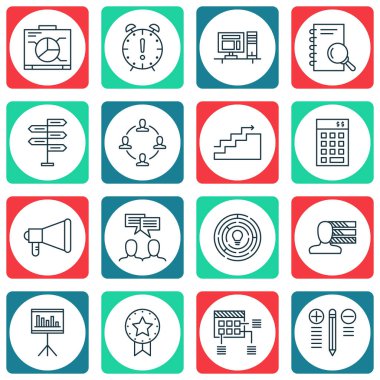 16 proje yönetimi simgeler kümesi. Web, mobil, UI ve Infographic tasarımı için kullanılabilir. Sağ, çalışma alanı, bilgisayar ve daha fazlası gibi unsurları içerir.