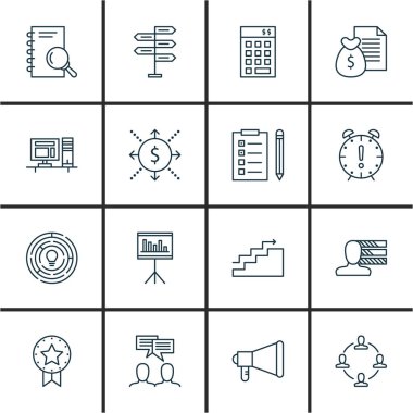 16 proje yönetimi simgeler kümesi. Web, mobil, UI ve Infographic tasarımı için kullanılabilir. Büyüme, becerileri, tarihi ve daha fazlası gibi unsurları içerir.