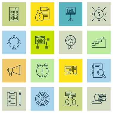 16 proje yönetimi simgeler kümesi. Web, mobil, UI ve Infographic tasarımı için kullanılabilir. Para, gelir, defter ve daha fazlası gibi unsurları içerir.