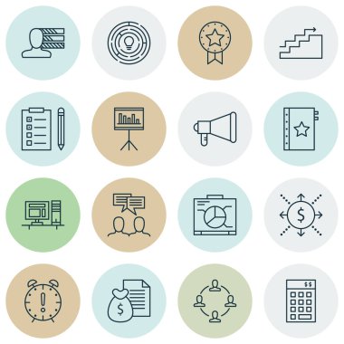 16 proje yönetimi simgeler kümesi. Web, mobil, UI ve Infographic tasarımı için kullanılabilir. Yönetimi, rapor, istatistik ve daha fazlası gibi unsurları içerir.