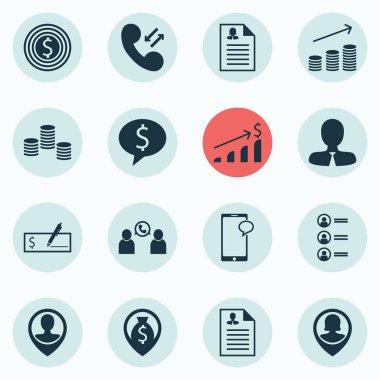 16 insan kaynakları simgeler kümesi. Web, mobil, UI ve Infographic tasarımı için kullanılabilir. Yığılmış gibi banka, dolar ve diğer öğeleri içerir.