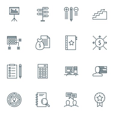 16 proje yönetimi simgeler kümesi. Web, mobil, UI ve Infographic tasarımı için kullanılabilir. Zamanlama, görev, beyin fırtınası ve daha fazlası gibi unsurları içerir.