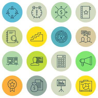 16 proje yönetimi simgeler kümesi. Web, mobil, UI ve Infographic tasarımı için kullanılabilir. Hedef, beyin fırtınası, defter ve daha fazlası gibi unsurları içerir.