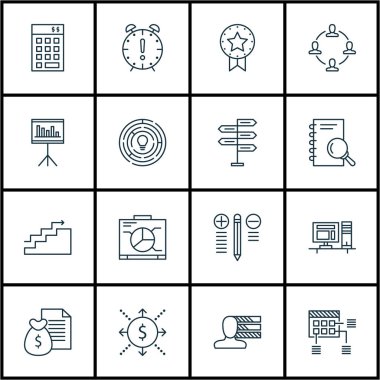 16 proje yönetimi simgeler kümesi. Web, mobil, UI ve Infographic tasarımı için kullanılabilir. Fikir, araştırma, finans ve daha fazlası gibi unsurları içerir.