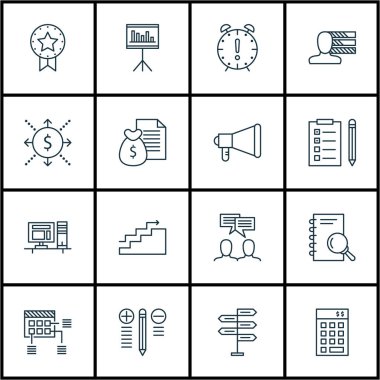 16 proje yönetimi simgeler kümesi. Web, mobil, UI ve Infographic tasarımı için kullanılabilir. Sağ, verme, amaç ve daha fazlası gibi unsurları içerir.