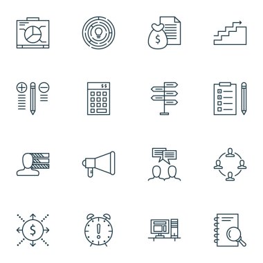 16 proje yönetimi simgeler kümesi. Web, mobil, UI ve Infographic tasarımı için kullanılabilir. Analiz, duyuru, ekip çalışması ve daha fazlası gibi unsurları içerir.