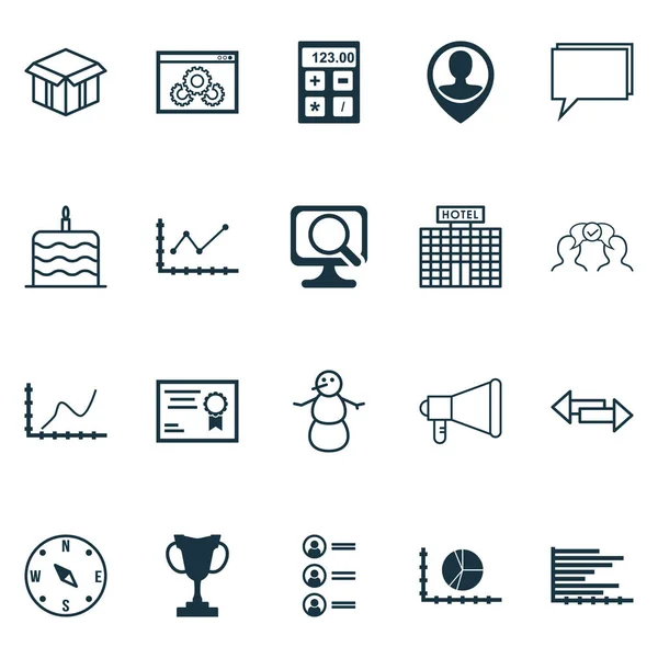 Conjunto de 20 iconos editables universales. Puede ser utilizado para el diseño web, móvil y de aplicaciones. Incluye elementos tales como construcción del hotel, financiero, ubicación del empleado y más . — Vector de stock