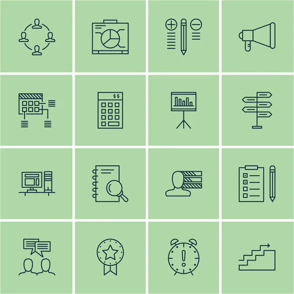 Conjunto de 16 iconos de gestión de proyectos. Puede ser utilizado para el Web, móvil, interfaz de usuario y diseño infográfico. Incluye elementos tales como tiempo, presentación, horario y más . — Vector de stock