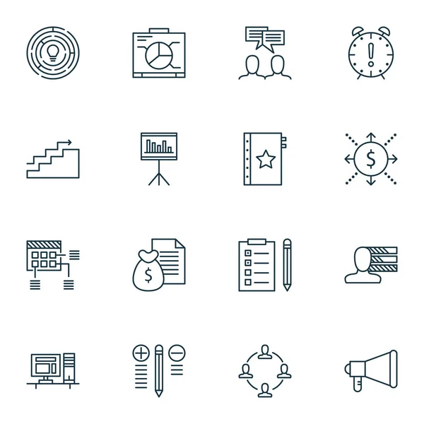 Conjunto de 16 iconos de gestión de proyectos. Puede ser utilizado para el Web, móvil, interfaz de usuario y diseño infográfico. Incluye elementos tales como personalidad, ingresos, informe y más . — Vector de stock