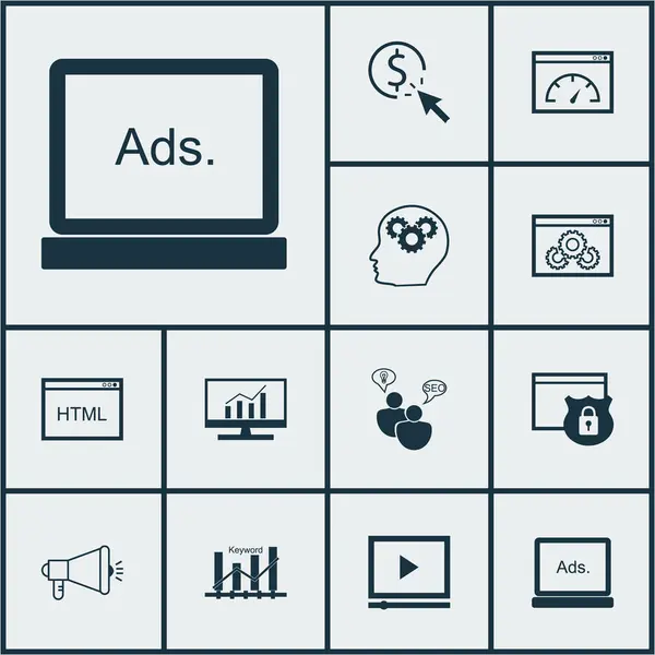 12 reklam simgeler kümesi. Web, mobil, UI ve Infographic tasarımı için kullanılabilir. En iyi duruma getirme, güvenlik, araştırma ve daha fazlası gibi unsurları içerir. — Stok Vektör